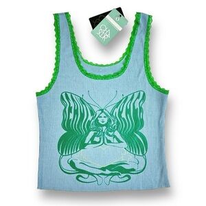 CHASER RPET Love Rib Tank in Blue Grotto + Green Lace Trim Size Small (NWT)